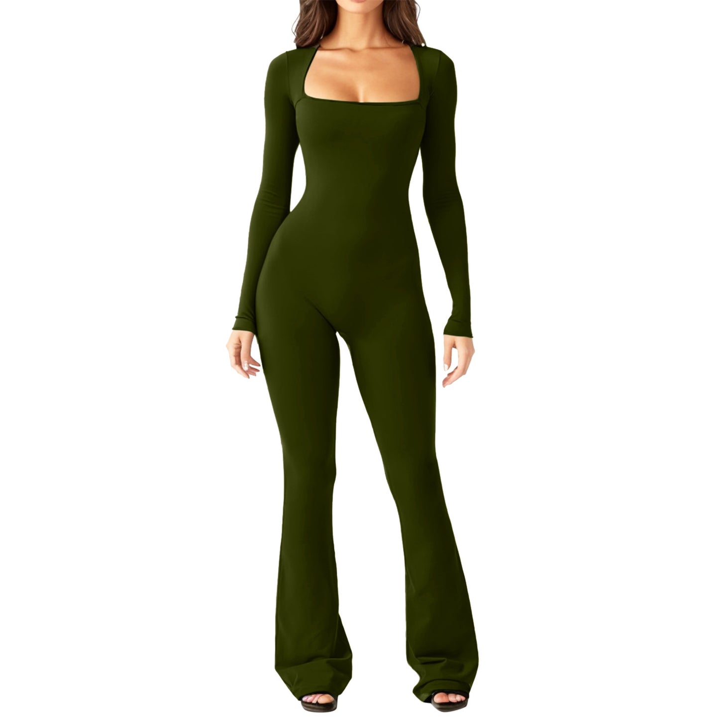 Women Long Sleeve Belly Waist Shaping And Hip Lift Square Collar Wide Leg High Elastic Jumpsuit