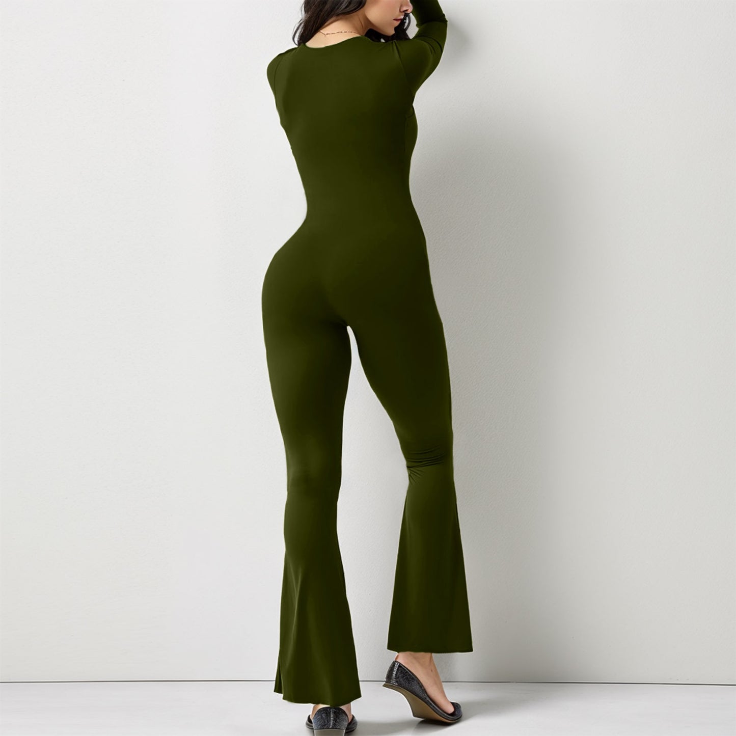 Women Long Sleeve Belly Waist Shaping And Hip Lift Square Collar Wide Leg High Elastic Jumpsuit